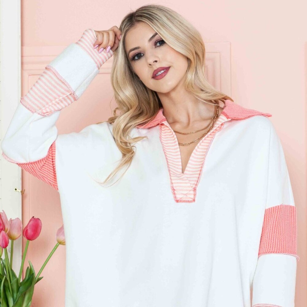 Solid Loose Fit Top with Stripe Contrast